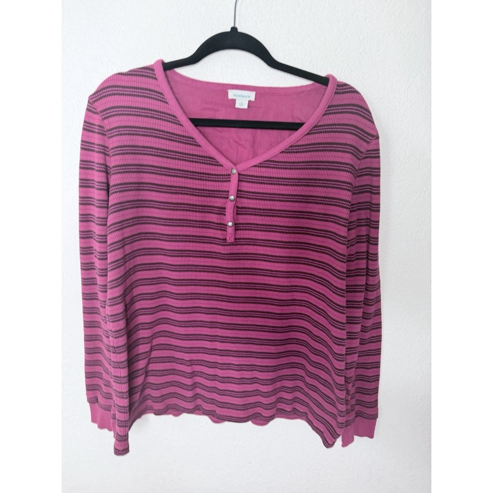 Sundance Ribbed Thermal Henley Shirt Women L Pink Striped Casual